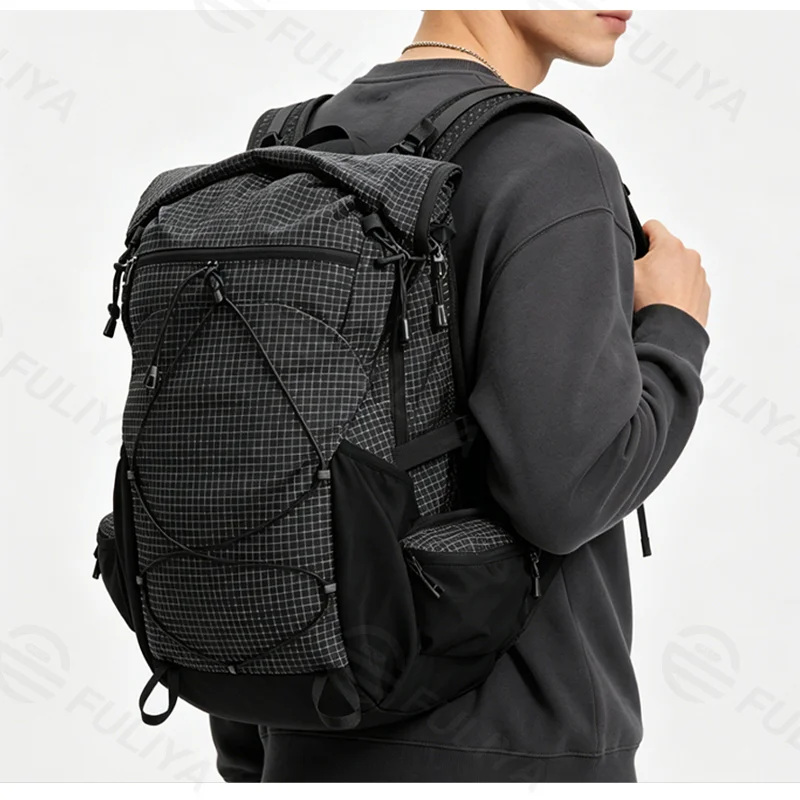 Guangzhou Fuliya Industry Co.,Ltd C-81356 Lightweight outdoor pack (approx. 920g), water-repellent, stain-resistant, rain cover, hydration port, roll-top main compartment, breathable back - ideal for hiking, trekking, cycling.