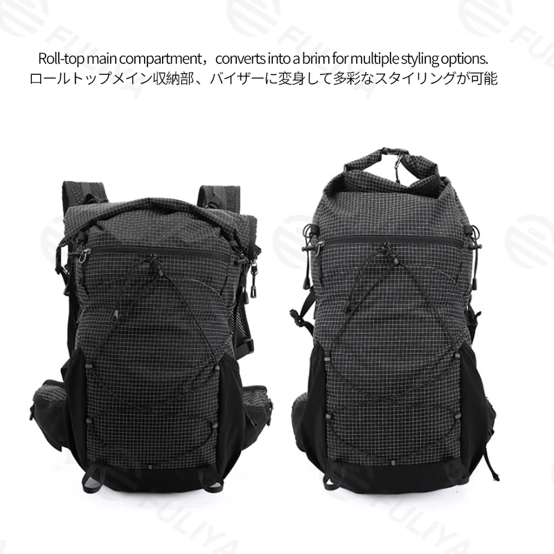 Guangzhou Fuliya Industry Co.,Ltd C-81356 Lightweight outdoor pack (approx. 920g), water-repellent, stain-resistant, rain cover, hydration port, roll-top main compartment, breathable back - ideal for hiking, trekking, cycling.