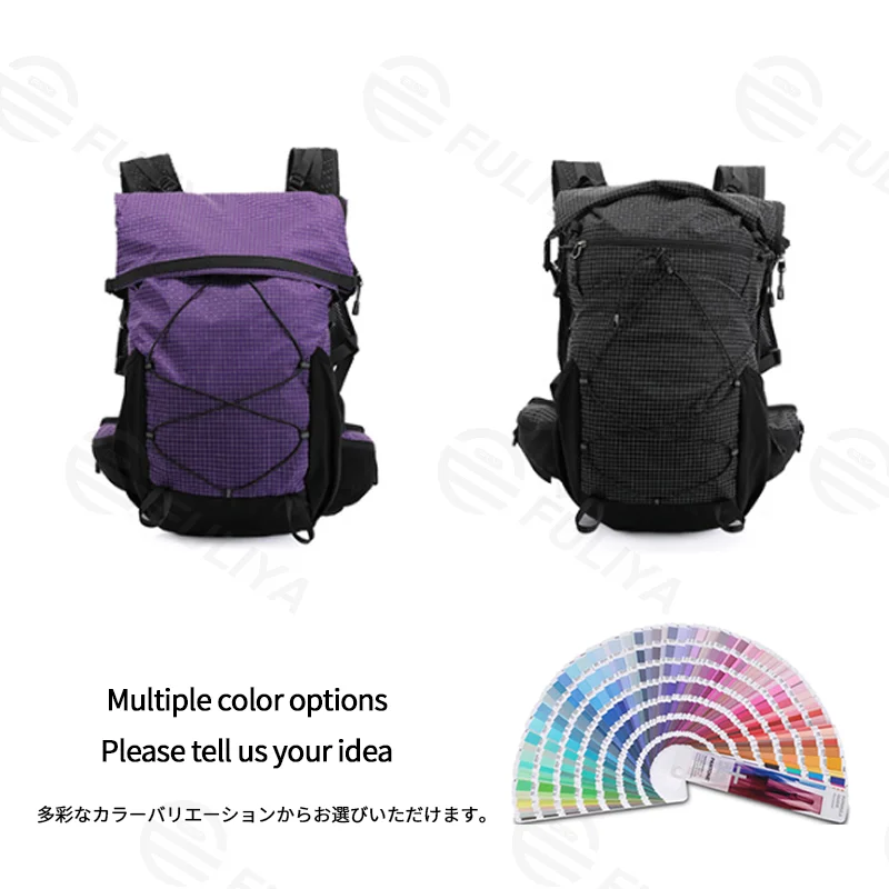 Guangzhou Fuliya Industry Co.,Ltd C-81356 Lightweight outdoor pack (approx. 920g), water-repellent, stain-resistant, rain cover, hydration port, roll-top main compartment, breathable back - ideal for hiking, trekking, cycling.