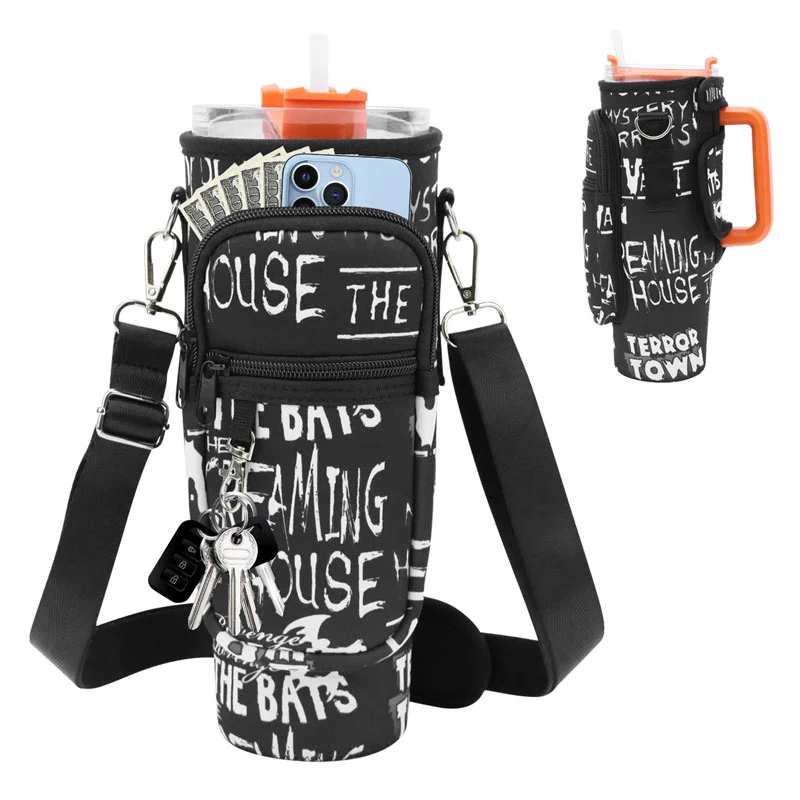 Guangzhou Fuliya Industry Co.,Ltd C-81360 Neoprene insulated cup holder with magnetic closure, adjustable adhesive back fits various cup sizes, wide shoulder strap for crossbody carry, large opening for easy access, plus a storage pocket for essentials.