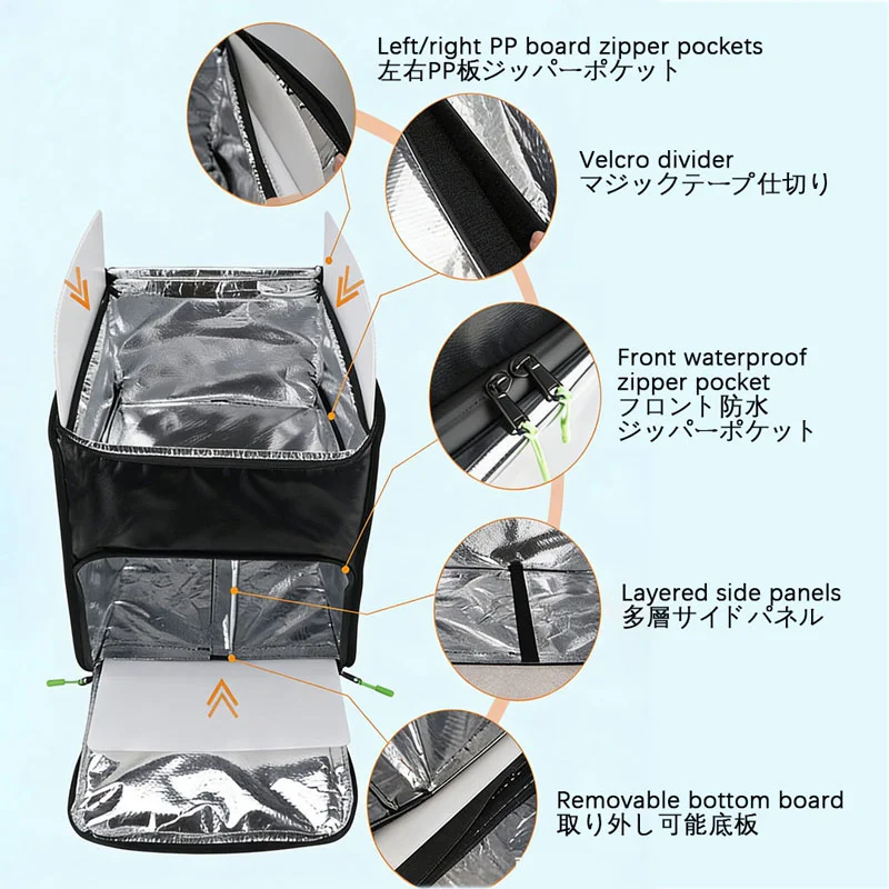 Guangzhou Fuliya Industry Co.,Ltd C-81361 Waterproof foldable double-shoulder thermal bag, keeps hot/cold 2-4 hrs, removable dividers, reflective strips, hot/cold zones – for delivery and picnics.