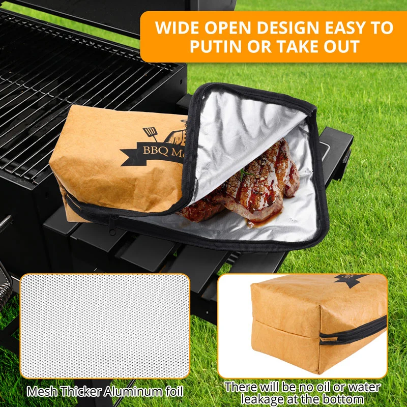 Guangzhou Fuliya Industry Co.,Ltd C-81369 Tyvek 5-layer insulated BBQ bag with leak-proof aluminum foil bottom, metal zipper, keeps food warm and juicy, easy to clean, reusable – perfect for grilling, picnics, and takeout.