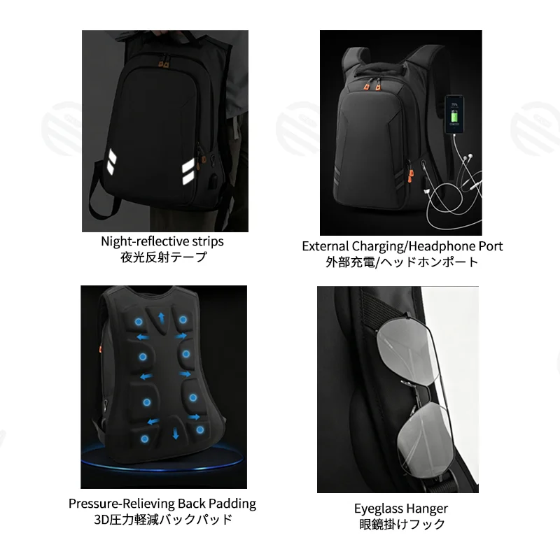 広州富麗雅実業有限会社 C-81370 高級感ある防水ビジネスバックパック。パッド入りPCスリーブ、360°反射安全ストリップ、外部USB充電・ヘッドフォンポート、3D通気バッククッションを搭載し、通勤・通学に最適です