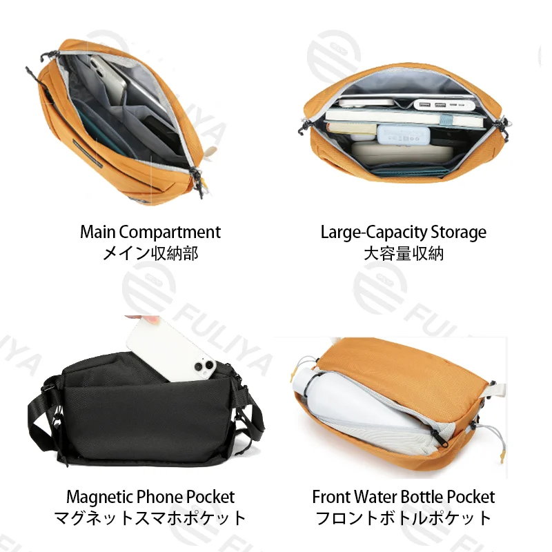 Guangzhou Fuliya Industry Co.,Ltd C-81470 This bag has phone/bottle pockets, adjustable strap, water-repellent fabric, padded shoulder, and expandable capacity, for commute and outdoor.
