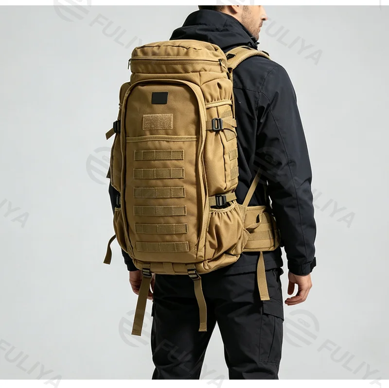 Guangzhou Fuliya Industry Co.,Ltd C-81472 This tactical pack features 600D wear-resistant waterproof fabric, a 5-point harness, large capacity, and a breathable back, suitable for tactical, hunting, and climbing.