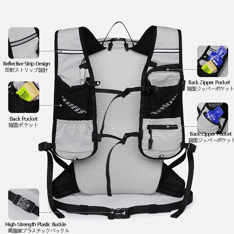 Guangzhou Fuliya Industry Co.,Ltd C-81473 Lightweight water-repellent hiking pack with hydration, pole attachment, whistle, reflective strips, and pockets - for hiking, cycling, travel.