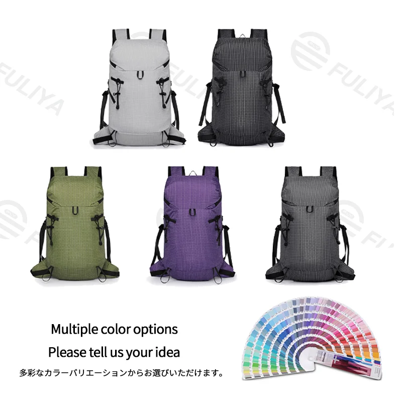 Guangzhou Fuliya Industry Co.,Ltd C-81473 Lightweight water-repellent hiking pack with hydration, pole attachment, whistle, reflective strips, and pockets - for hiking, cycling, travel.