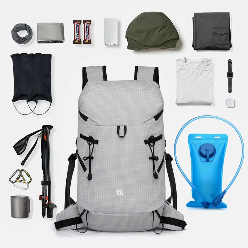 Guangzhou Fuliya Industry Co.,Ltd C-81473 Lightweight water-repellent hiking pack with hydration, pole attachment, whistle, reflective strips, and pockets - for hiking, cycling, travel.