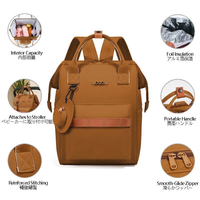 Guangzhou Fuliya Industry Co.,Ltd C-81475 Simple mommy backpack, water-repellent and breathable fabric, hidden rear pocket for valuables, built-in foil insulated pouch, large capacity with multiple compartments - easy for outings.