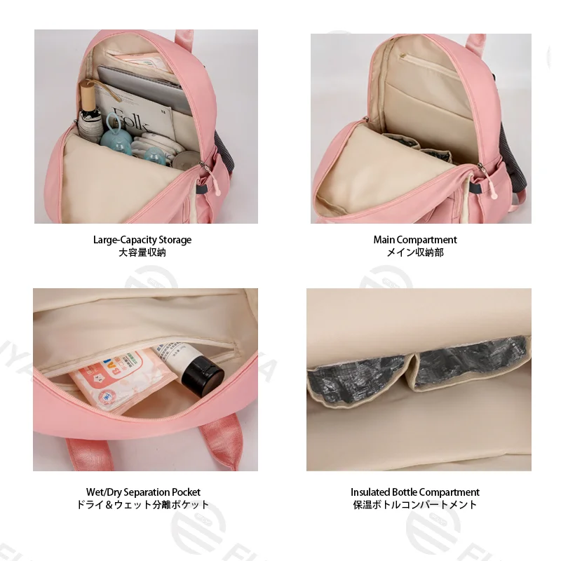 Guangzhou Fuliya Industry Co.,Ltd C-81476 This mommy bag has wet/dry pocket, insulated bottle compartment, trolley strap, comfy straps, and large capacity - great for outings.