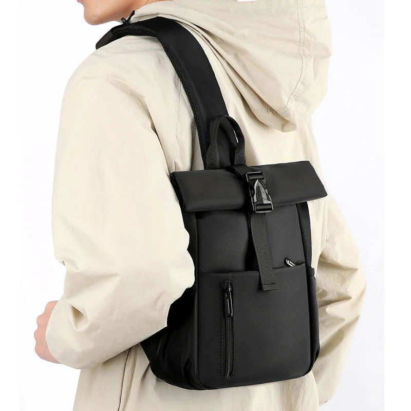 Guangzhou Fuliya Industry Co.,Ltd C-81477 Nylon water-repellent large chest bag, roll-top buckle anti-theft, wide opening for easy access, adjustable straps - for commuting and outdoor.