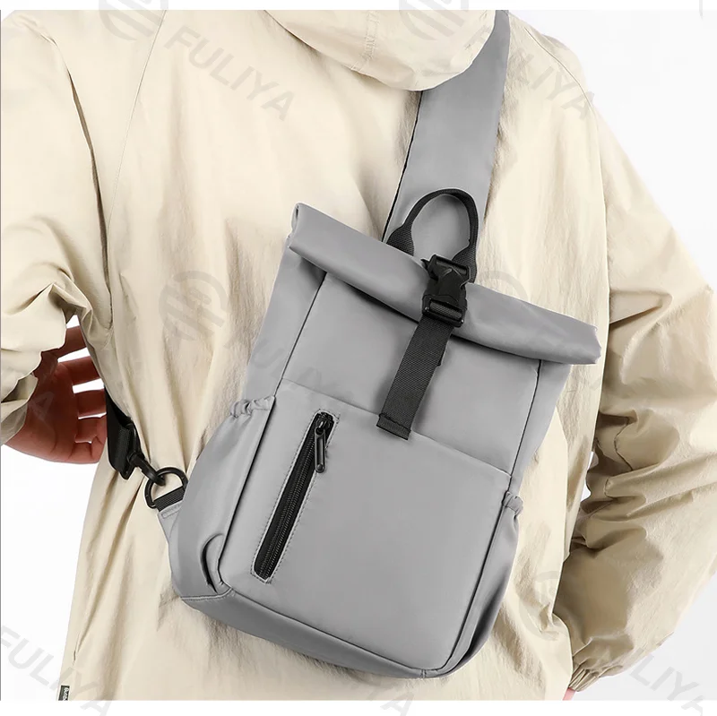 Guangzhou Fuliya Industry Co.,Ltd C-81477 Nylon water-repellent large chest bag, roll-top buckle anti-theft, wide opening for easy access, adjustable straps - for commuting and outdoor.