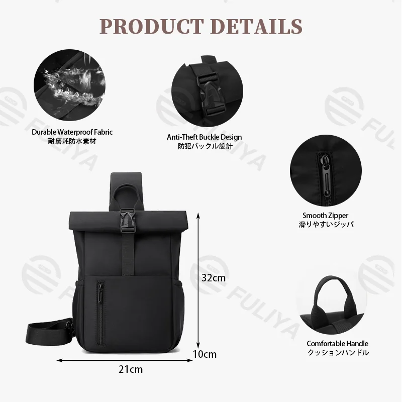 Guangzhou Fuliya Industry Co.,Ltd C-81477 Nylon water-repellent large chest bag, roll-top buckle anti-theft, wide opening for easy access, adjustable straps - for commuting and outdoor.