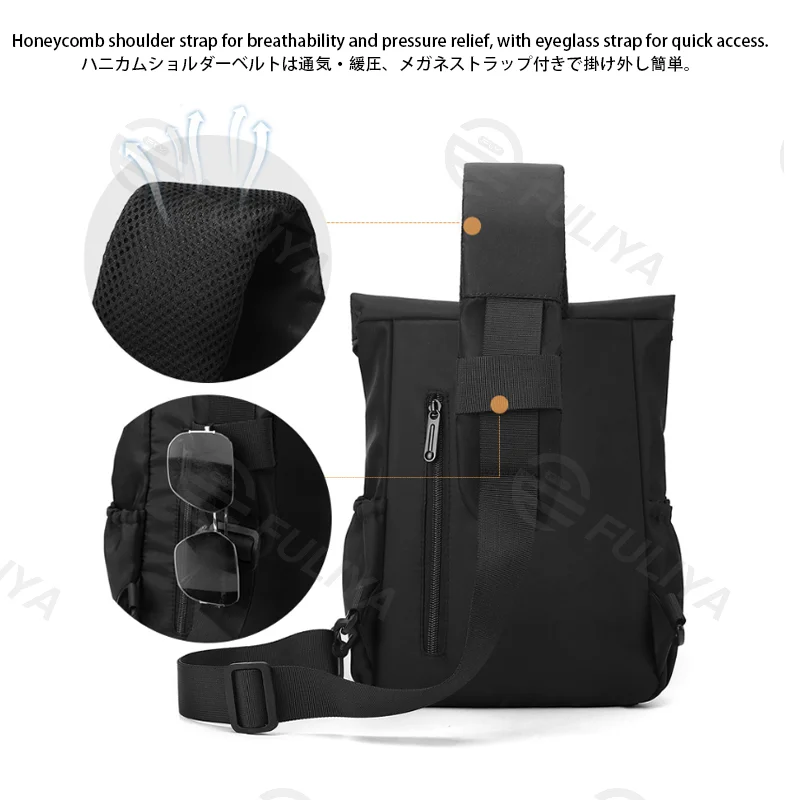 Guangzhou Fuliya Industry Co.,Ltd C-81477 Nylon water-repellent large chest bag, roll-top buckle anti-theft, wide opening for easy access, adjustable straps - for commuting and outdoor.