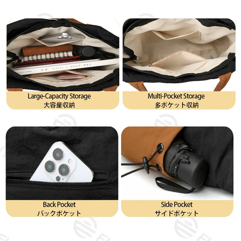 広州富麗雅実業有限会社 C-81478 軽量トートバッグ（自重0.22kg）、ミニマルな配色デザイン、大容量多ポケット収納、ソフトハンドル、弾性ドローストリング - 軽量で持ち運び便利、通勤・カジュアルに最適。