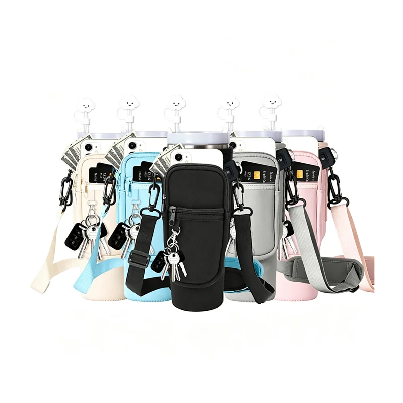 Guangzhou Fuliya Industry Co.,Ltd C-81360 Neoprene insulated cup holder with magnetic closure, adjustable adhesive back fits various cup sizes, wide shoulder strap for crossbody carry, large opening for easy access, plus a storage pocket for essentials.