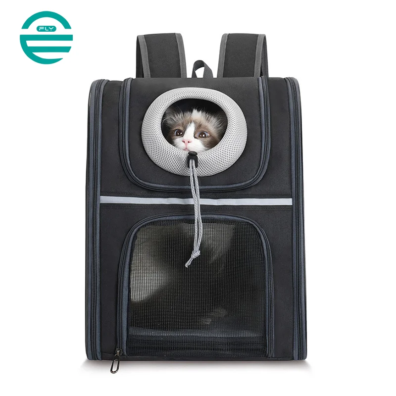 Guangzhou Fuliya Industry Co.,Ltd C-81005 Pet travel backpack, breathable, large capacity and foldable, multi-side mesh, multi-opening zippers, washable fleece pad, escape-proof leash, and reflective strips - for cats, dogs, and travel.