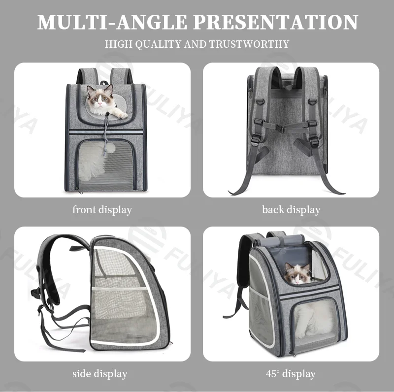 Guangzhou Fuliya Industry Co.,Ltd C-81005 Pet travel backpack, breathable, large capacity and foldable, multi-side mesh, multi-opening zippers, washable fleece pad, escape-proof leash, and reflective strips - for cats, dogs, and travel.