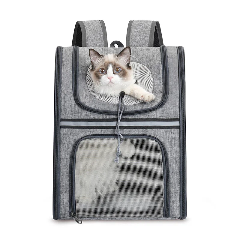Guangzhou Fuliya Industry Co.,Ltd C-81005 Pet travel backpack, breathable, large capacity and foldable, multi-side mesh, multi-opening zippers, washable fleece pad, escape-proof leash, and reflective strips - for cats, dogs, and travel.