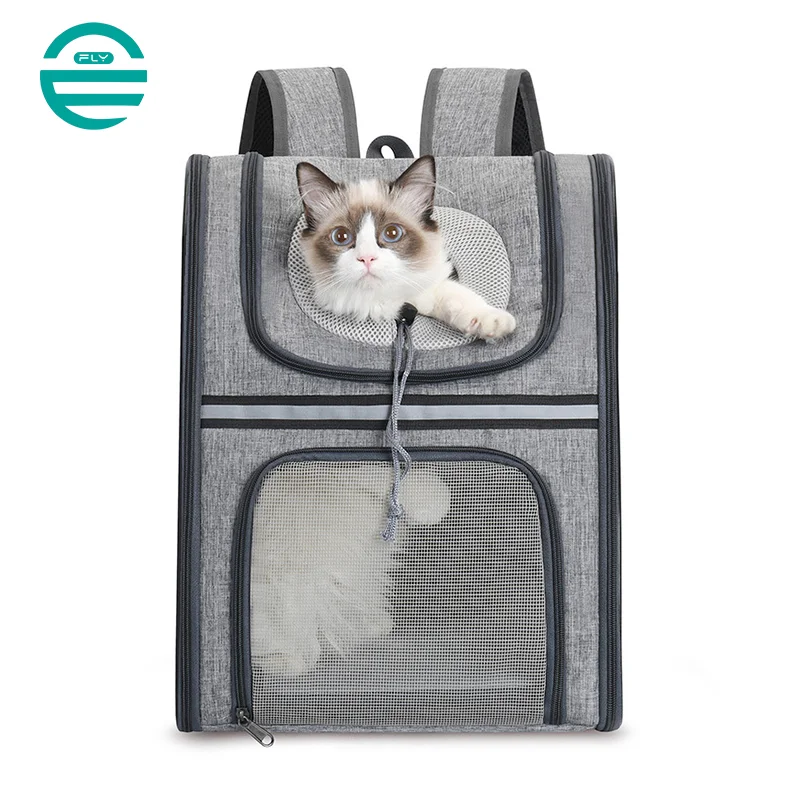 Guangzhou Fuliya Industry Co.,Ltd C-81005 Pet travel backpack, breathable, large capacity and foldable, multi-side mesh, multi-opening zippers, washable fleece pad, escape-proof leash, and reflective strips - for cats, dogs, and travel.