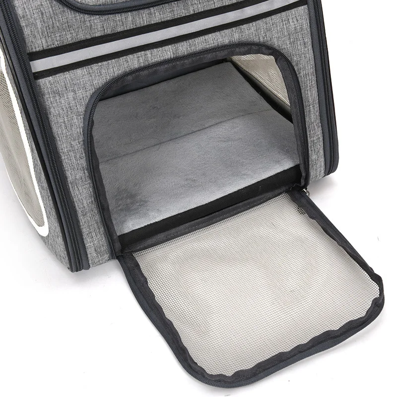 Guangzhou Fuliya Industry Co.,Ltd C-81005 Pet travel backpack, breathable, large capacity and foldable, multi-side mesh, multi-opening zippers, washable fleece pad, escape-proof leash, and reflective strips - for cats, dogs, and travel.