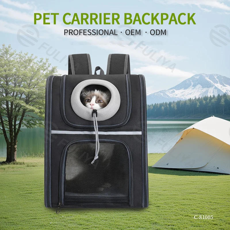 Guangzhou Fuliya Industry Co.,Ltd C-81005 Pet travel backpack, breathable, large capacity and foldable, multi-side mesh, multi-opening zippers, washable fleece pad, escape-proof leash, and reflective strips - for cats, dogs, and travel.