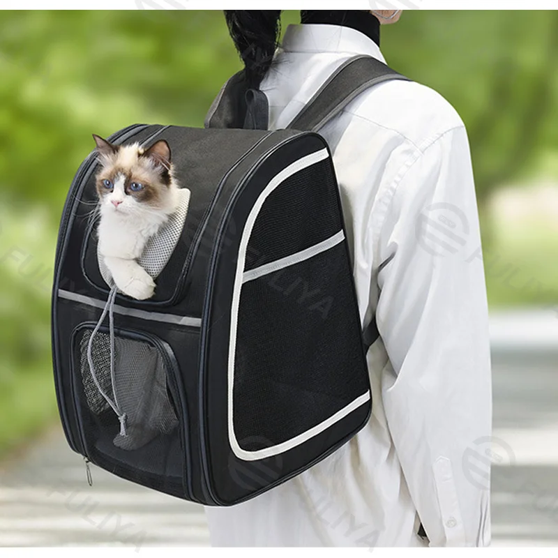 Guangzhou Fuliya Industry Co.,Ltd C-81005 Pet travel backpack, breathable, large capacity and foldable, multi-side mesh, multi-opening zippers, washable fleece pad, escape-proof leash, and reflective strips - for cats, dogs, and travel.