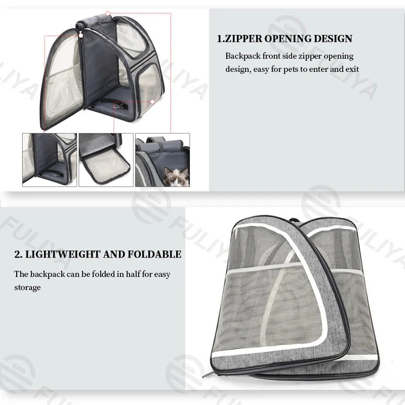Guangzhou Fuliya Industry Co.,Ltd C-81005 Pet travel backpack, breathable, large capacity and foldable, multi-side mesh, multi-opening zippers, washable fleece pad, escape-proof leash, and reflective strips - for cats, dogs, and travel.
