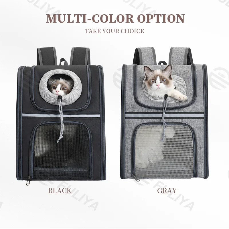 Guangzhou Fuliya Industry Co.,Ltd C-81005 Pet travel backpack, breathable, large capacity and foldable, multi-side mesh, multi-opening zippers, washable fleece pad, escape-proof leash, and reflective strips - for cats, dogs, and travel.