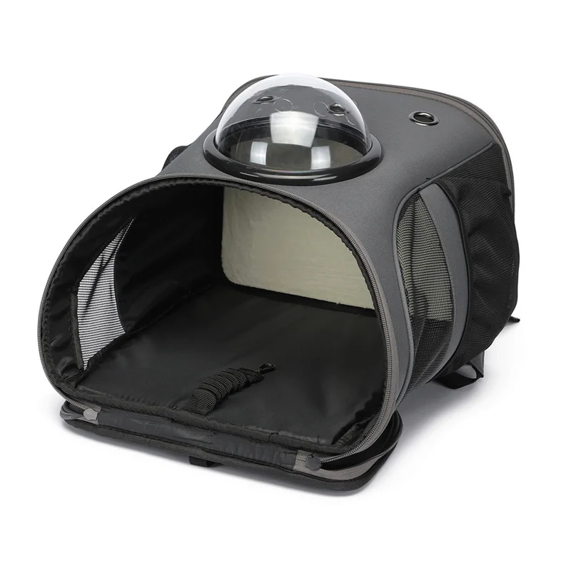 Guangzhou Fuliya Industry Co.,Ltd C-81006 Pet travel backpack, spacious and breathable, transparent window, honeycomb mesh, multi-opening zippers, washable plush pad, spine-protection straps, and foldable design - for cats, dogs, and travel.
