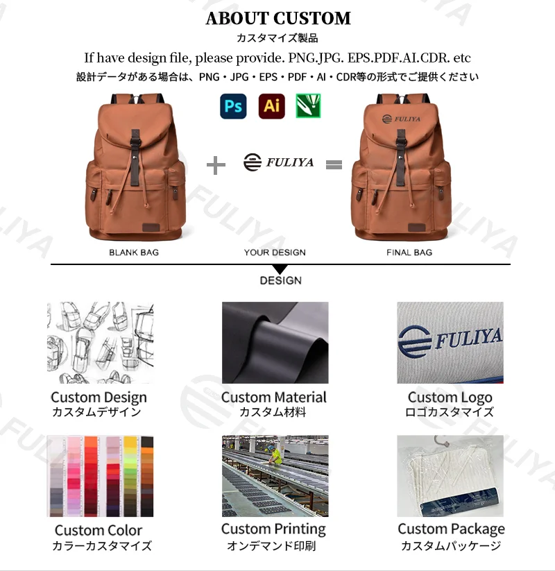 Guangzhou Fuliya Industry Co.,Ltd C-81106 Canvas backpack, waterproof fabric, large capacity with compartments, drawstring closure, magnetic buckle, front/back/side pockets, and comfortable handle - luggage strap for commuting, business, and school.