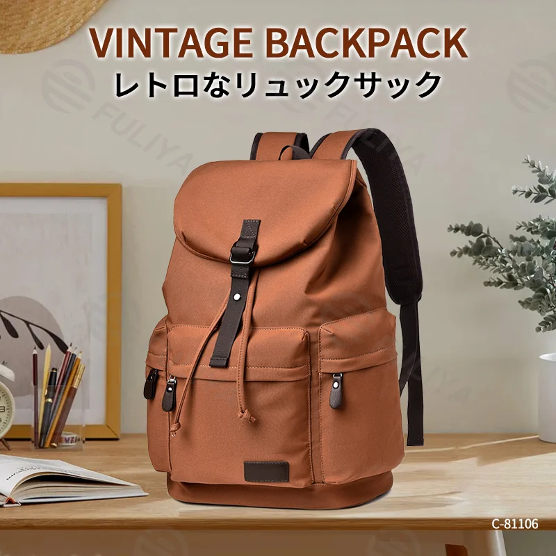 Guangzhou Fuliya Industry Co.,Ltd C-81106 Canvas backpack, waterproof fabric, large capacity with compartments, drawstring closure, magnetic buckle, front/back/side pockets, and comfortable handle - luggage strap for commuting, business, and school.