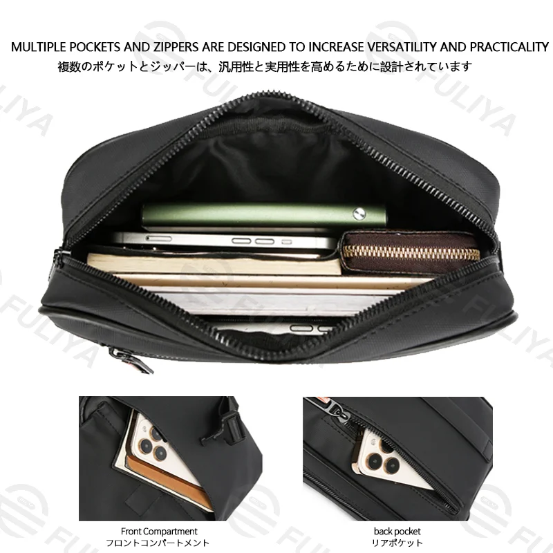 Guangzhou Fuliya Industry Co.,Ltd C-81113 Men's crossbody bag, water-resistant, large capacity, front compartment, back pocket, and adjustable strap - hand, shoulder, or crossbody carry for business, commuting, and daily use.