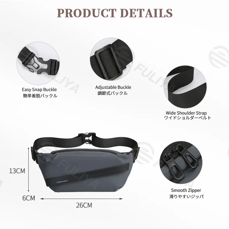 Guangzhou Fuliya Industry Co.,Ltd C-81116 Multi-functional crossbody waist bag, water-resistant, large capacity, quick-release buckle, and wide strap - chest, crossbody, or waist carry for travel, sports, and daily use.