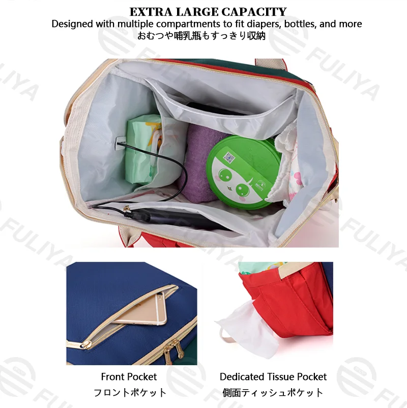 Guangzhou Fuliya Industry Co.,Ltd C-81126 Multi-functional mommy backpack, water-resistant, large capacity, wet/dry separation, foil-insulated bottle pocket, USB port, side tissue pocket, and adjustable straps - for baby outings and travel.