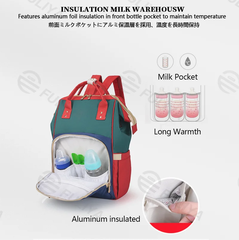 Guangzhou Fuliya Industry Co.,Ltd C-81126 Multi-functional mommy backpack, water-resistant, large capacity, wet/dry separation, foil-insulated bottle pocket, USB port, side tissue pocket, and adjustable straps - for baby outings and travel.