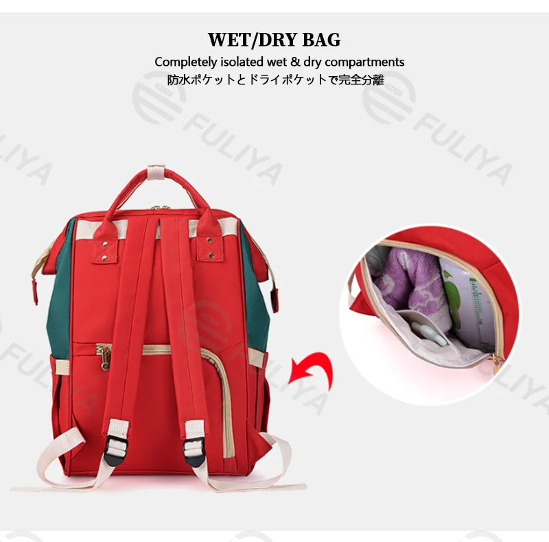 Guangzhou Fuliya Industry Co.,Ltd C-81126 Multi-functional mommy backpack, water-resistant, large capacity, wet/dry separation, foil-insulated bottle pocket, USB port, side tissue pocket, and adjustable straps - for baby outings and travel.