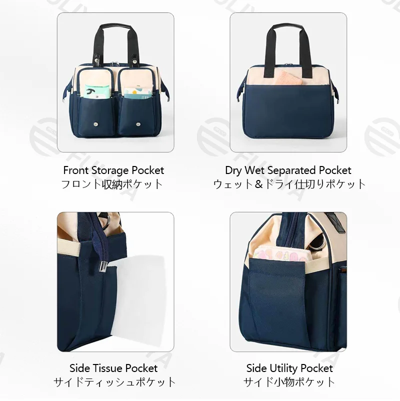 Guangzhou Fuliya Industry Co.,Ltd C-81128 Fashionable mommy bag, water-resistant eco fabric, large capacity, wet/dry pocket, front pocket, side tissue pocket, detachable hook, and adjustable strap - for baby outings and travel.