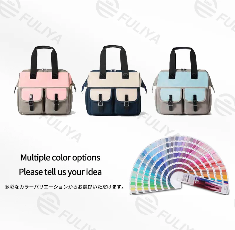 Guangzhou Fuliya Industry Co.,Ltd C-81128 Fashionable mommy bag, water-resistant eco fabric, large capacity, wet/dry pocket, front pocket, side tissue pocket, detachable hook, and adjustable strap - for baby outings and travel.