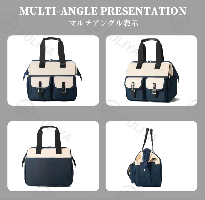 Guangzhou Fuliya Industry Co.,Ltd C-81128 Fashionable mommy bag, water-resistant eco fabric, large capacity, wet/dry pocket, front pocket, side tissue pocket, detachable hook, and adjustable strap - for baby outings and travel.
