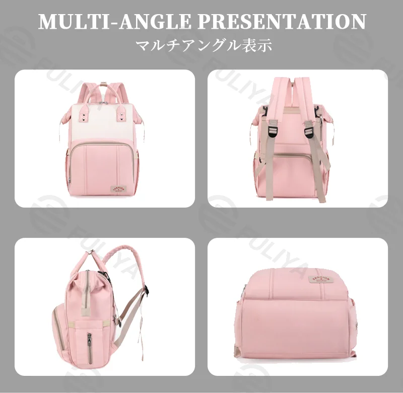 Guangzhou Fuliya Industry Co.,Ltd C-81129 Mommy backpack, water-resistant, large capacity, foil-insulated bottle compartment, wet/dry pocket, back zipper pocket, stretch side pocket, lockable handles, and luggage strap - for baby outings and travel.