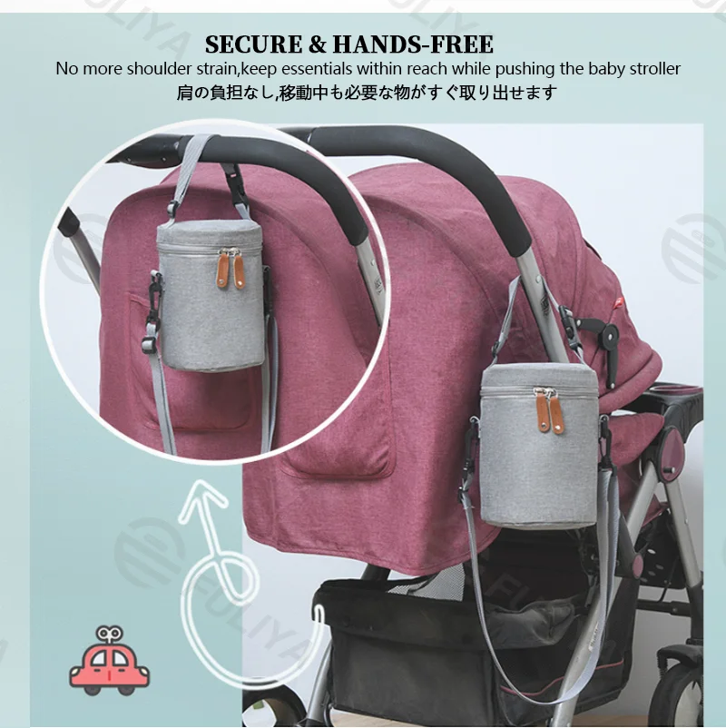 Guangzhou Fuliya Industry Co.,Ltd C-81131 Portable mommy insulated bag, water-resistant, large capacity, foil insulation, inner zipper pocket, detachable hook, and adjustable strap - hand, crossbody, or stroller carry for baby outings and pumping.