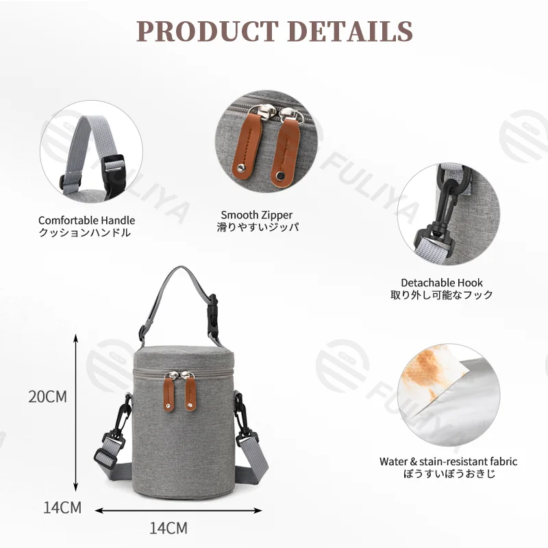 Guangzhou Fuliya Industry Co.,Ltd C-81131 Portable mommy insulated bag, water-resistant, large capacity, foil insulation, inner zipper pocket, detachable hook, and adjustable strap - hand, crossbody, or stroller carry for baby outings and pumping.