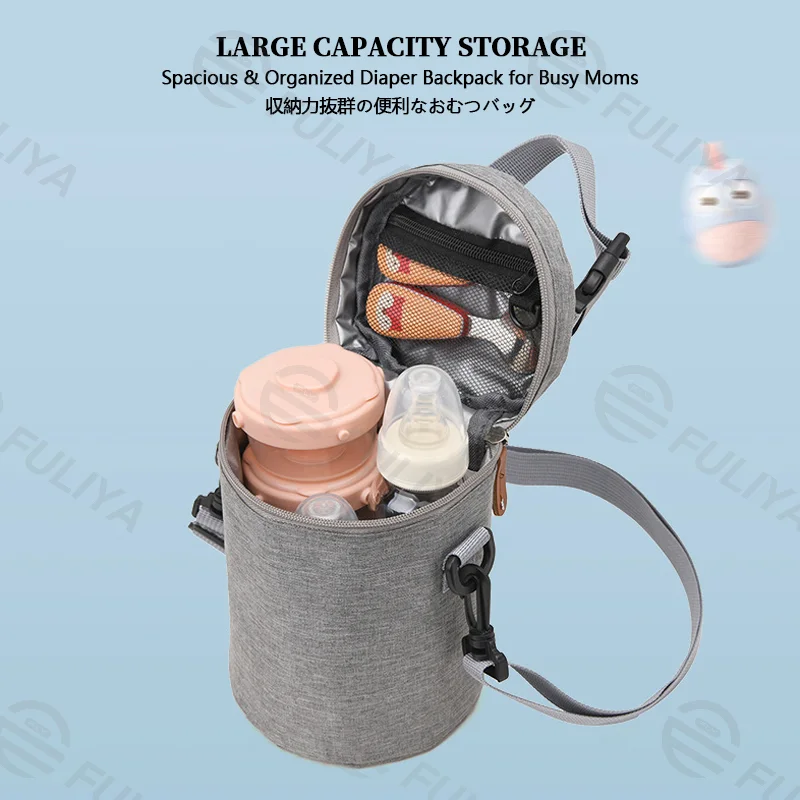Guangzhou Fuliya Industry Co.,Ltd C-81131 Portable mommy insulated bag, water-resistant, large capacity, foil insulation, inner zipper pocket, detachable hook, and adjustable strap - hand, crossbody, or stroller carry for baby outings and pumping.