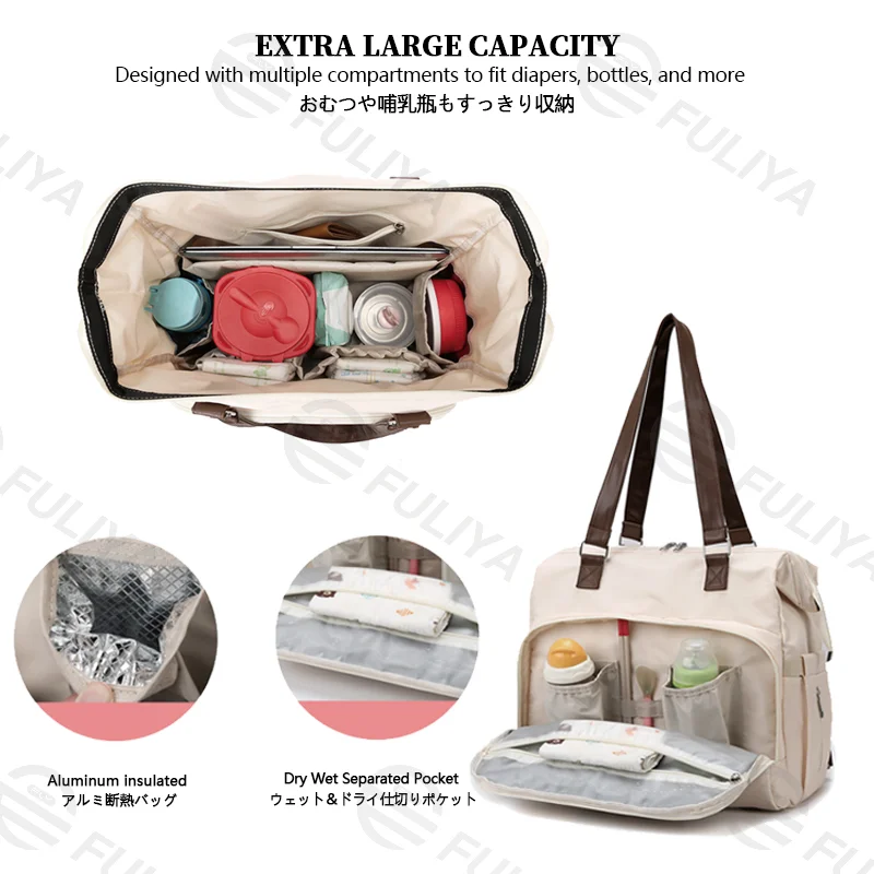Guangzhou Fuliya Industry Co.,Ltd C-81133 Multi-functional mommy bag, water-resistant, large capacity, foil-insulated bag, wet/dry pocket, and hidden straps - hand or backpack carry with luggage strap for baby outings and travel.