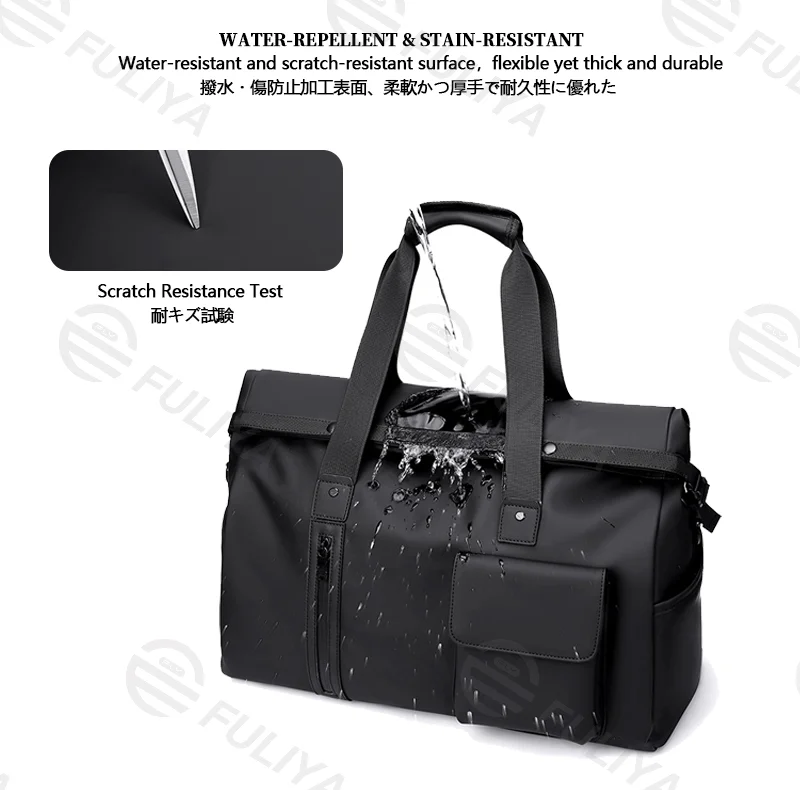 Guangzhou Fuliya Industry Co.,Ltd C-81138 Minimalist travel gym bag, water-resistant, large capacity, wet/dry pocket, front magnetic pocket, front/back zipper pockets, and luggage strap - hand or crossbody carry for travel, fitness, and business trips.