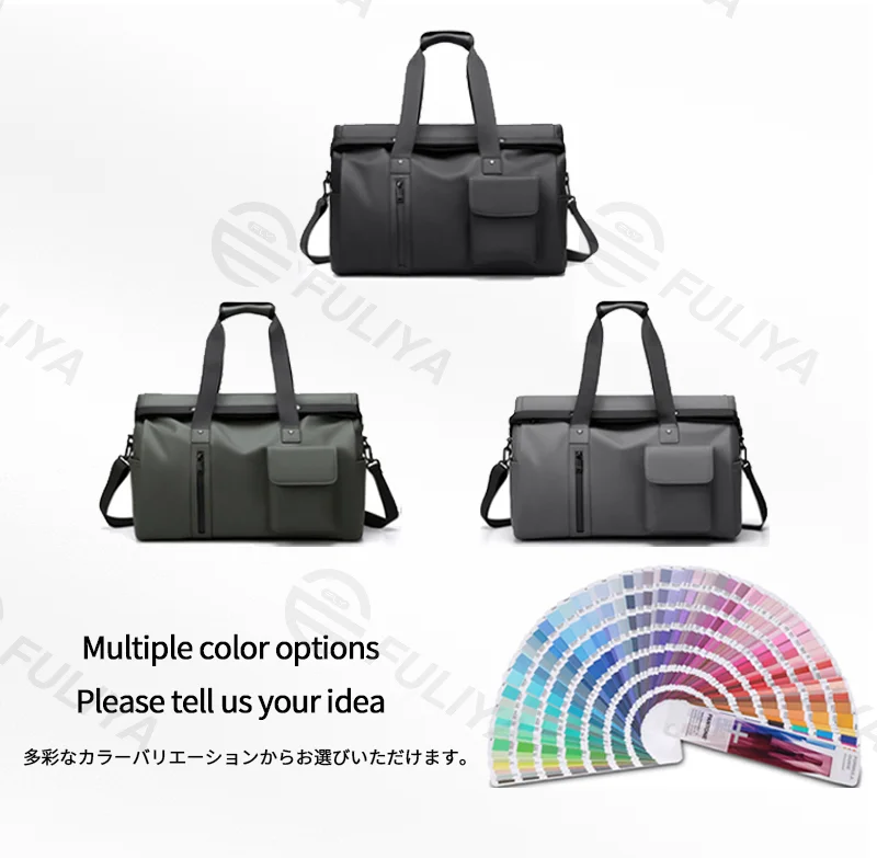 Guangzhou Fuliya Industry Co.,Ltd C-81138 Minimalist travel gym bag, water-resistant, large capacity, wet/dry pocket, front magnetic pocket, front/back zipper pockets, and luggage strap - hand or crossbody carry for travel, fitness, and business trips.