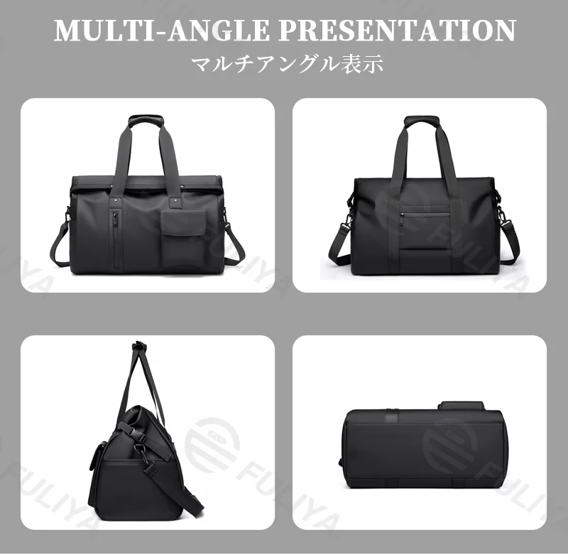 Guangzhou Fuliya Industry Co.,Ltd C-81138 Minimalist travel gym bag, water-resistant, large capacity, wet/dry pocket, front magnetic pocket, front/back zipper pockets, and luggage strap - hand or crossbody carry for travel, fitness, and business trips.