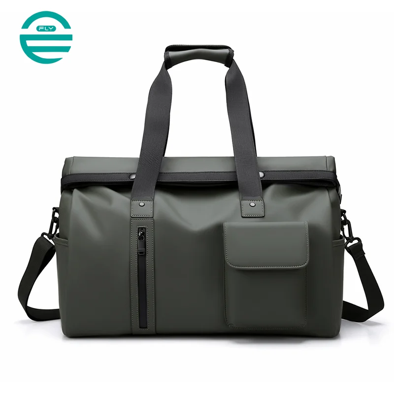 Guangzhou Fuliya Industry Co.,Ltd C-81138 Minimalist travel gym bag, water-resistant, large capacity, wet/dry pocket, front magnetic pocket, front/back zipper pockets, and luggage strap - hand or crossbody carry for travel, fitness, and business trips.