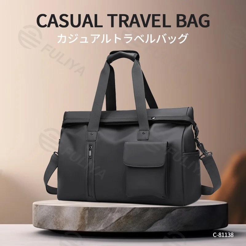 Guangzhou Fuliya Industry Co.,Ltd C-81138 Minimalist travel gym bag, water-resistant, large capacity, wet/dry pocket, front magnetic pocket, front/back zipper pockets, and luggage strap - hand or crossbody carry for travel, fitness, and business trips.